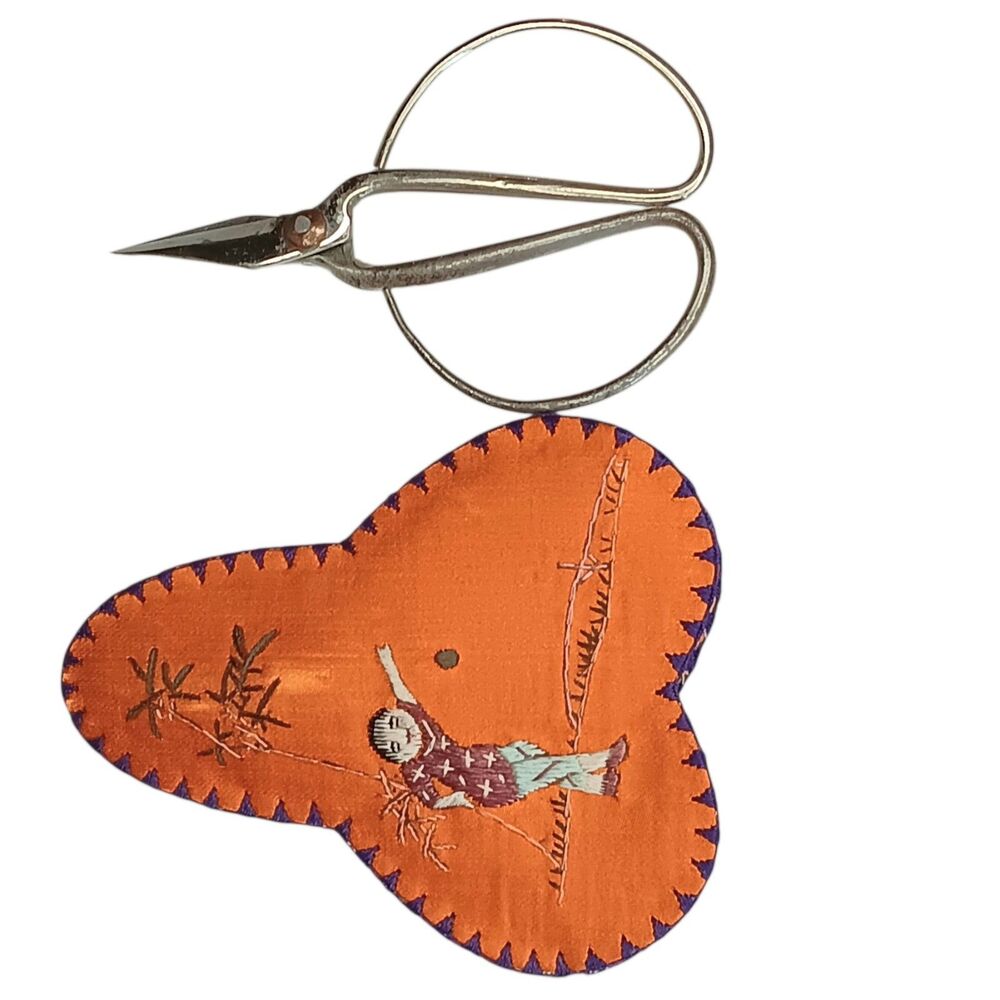 Vintage Small Embroidery Scissors In Chinese Embroidered Case Orange & Blue